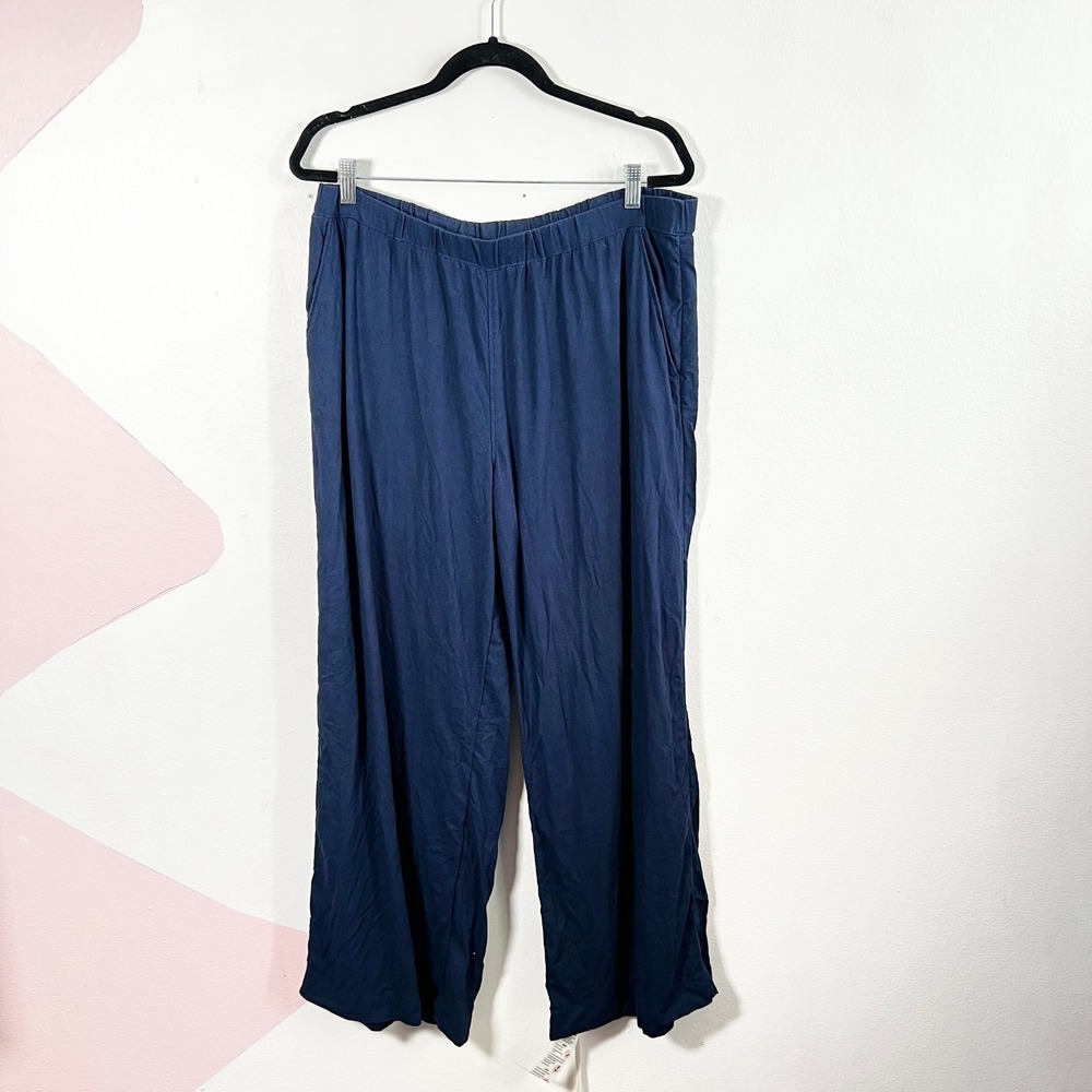 Caslon Linen Blend Wide Leg Pants Women Large Navy Blue Coastal Beach‎